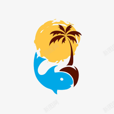 卡通椰树与海豚png免抠素材_新图网 https://ixintu.com 卡通 椰子树 海边元素 蓝色海豚 褐色