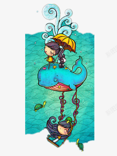 插画png免抠素材_新图网 https://ixintu.com 彩色 插画 海洋 海豚 童话 装饰 雨伞