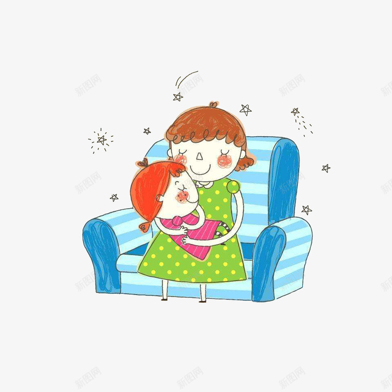 抱着孩子在沙发上睡觉png免抠素材_新图网 https://ixintu.com 卡通手绘 插图 沙发上的人