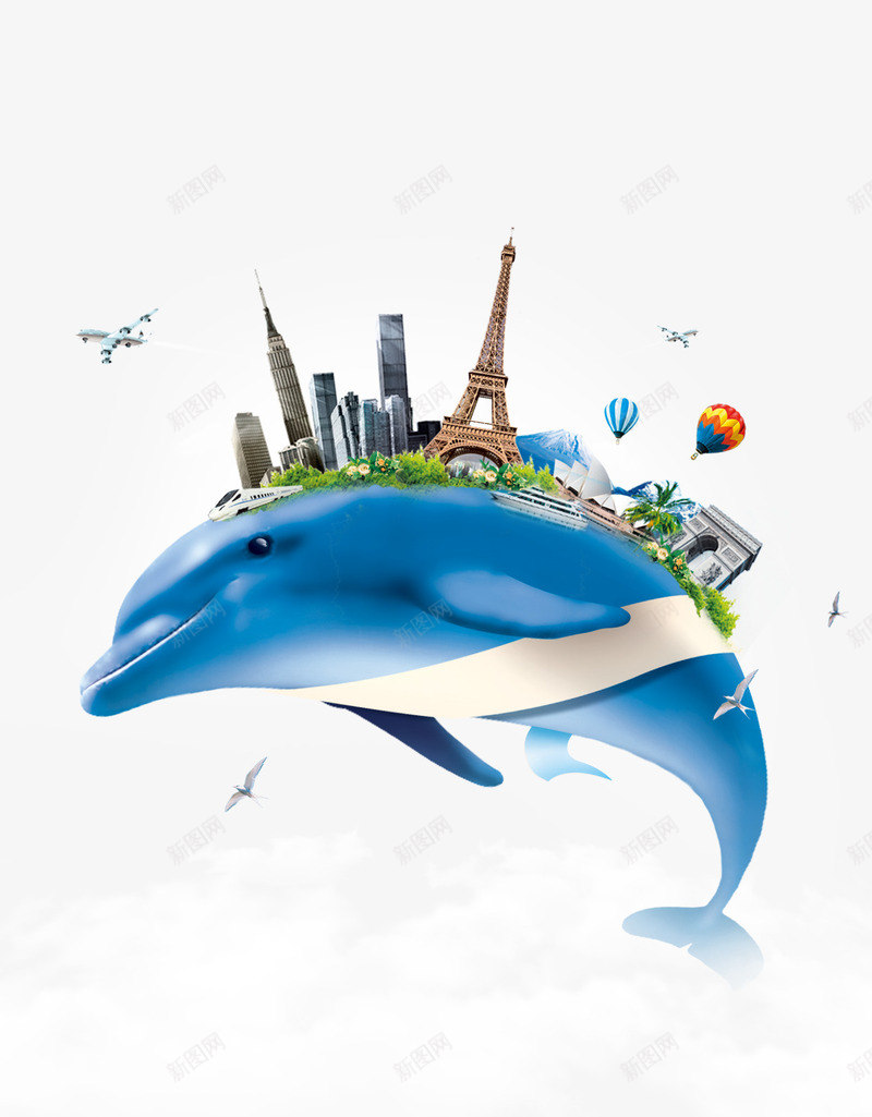 蓝色海豚上的建筑背景psd免抠素材_新图网 https://ixintu.com 建筑 海豚 素材背景 蓝色