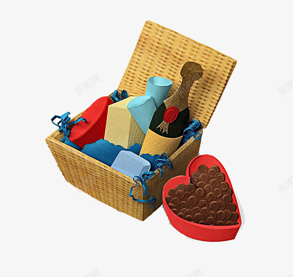 礼盒食物png免抠素材_新图网 https://ixintu.com 免扣礼盒食物 彩带 爱心巧克力 礼篮 编制的方形篮子