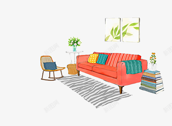 沙发与书本png免抠素材_新图网 https://ixintu.com 书本 卡通 手绘 沙发
