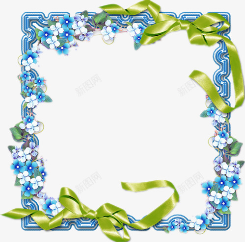 蓝色方形边框png免抠素材_新图网 https://ixintu.com 彩带 绿绸带 花朵 蓝色花朵
