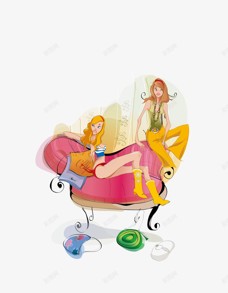 卡通穿比基尼的女性坐在沙发上png免抠素材_新图网 https://ixintu.com 包包 卡通手绘 时尚 比基尼 沙发