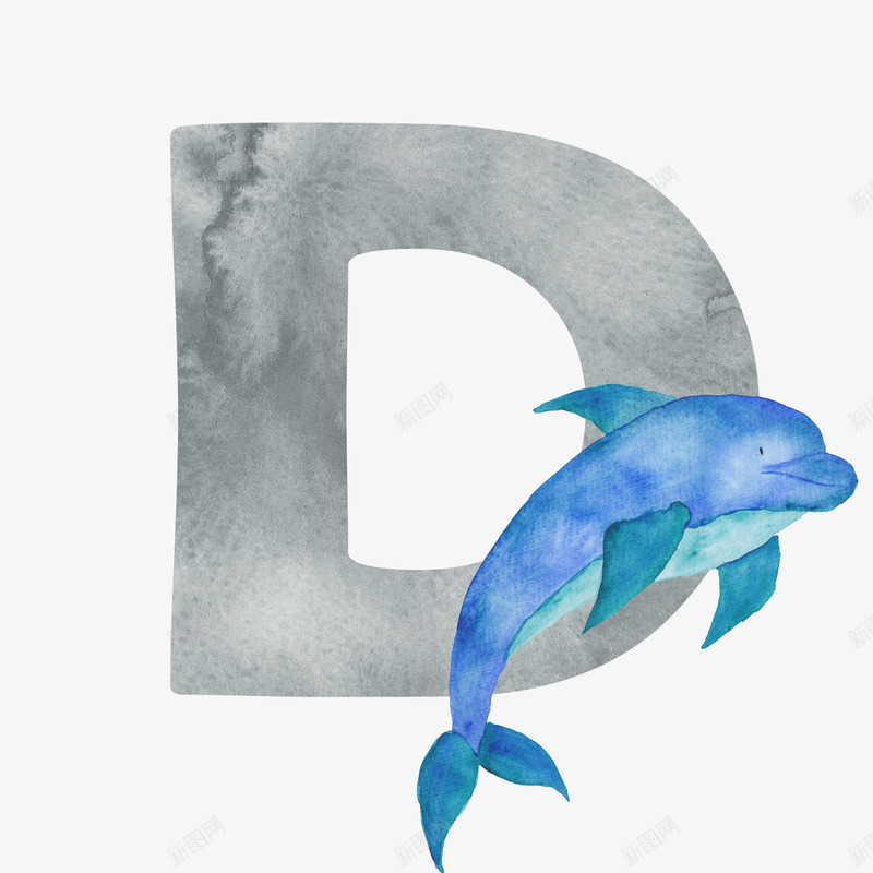 卡通手绘海豚与字母png免抠素材_新图网 https://ixintu.com 创意 动漫动画 卡通手绘 灰色字母D 看图识字卡，看图识字 简约 蓝色的海豚