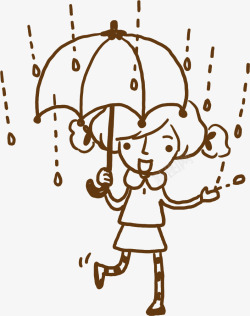 咖色手绘小女孩雨伞雨天素材