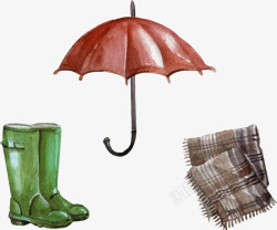 手绘雨伞雨靴和围巾毯子素材