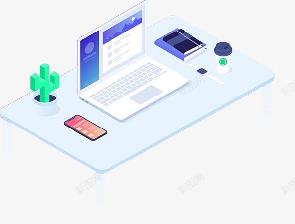 蓝色桌子上的电脑png免抠素材_新图网 https://ixintu.com 动漫动画 卡通手绘 咖啡杯 手机 电脑 笔记本电脑 装饰图