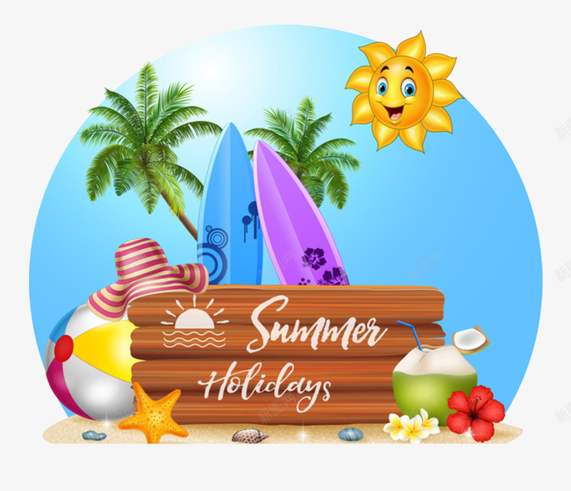 夏日假期png免抠素材_新图网 https://ixintu.com 冲浪板 太阳 手绘 木牌 椰树 海星 皮球 花朵