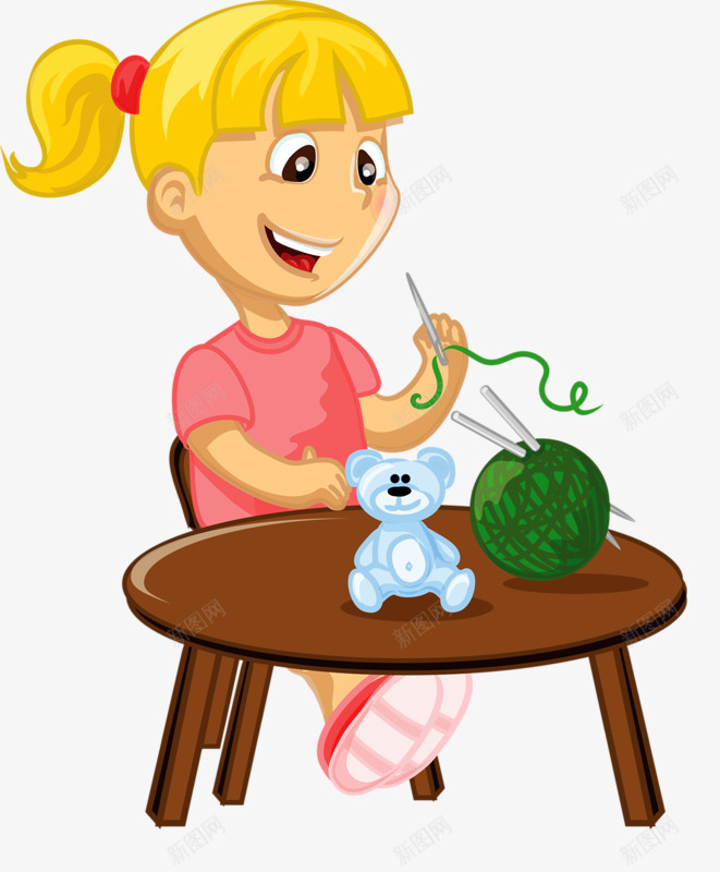 织毛衣的女孩png免抠素材_新图网 https://ixintu.com 创意 卡通 女孩 手绘 桌子 毛线 编织毛衣