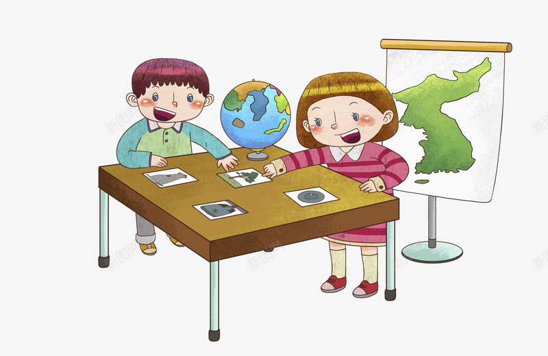 学习的孩子png免抠素材_新图网 https://ixintu.com 地图 地球仪 学习 孩子 桌子 认真的 高兴地