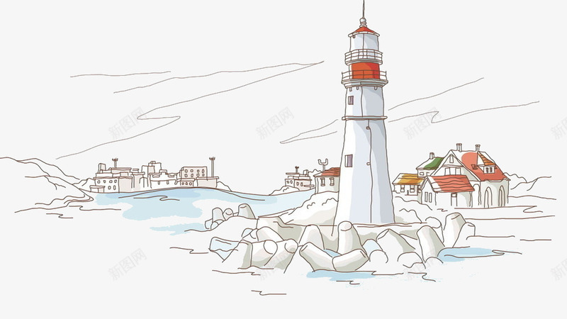 海边的风景png免抠素材_新图网 https://ixintu.com 唯美 我的家乡 海塔 线描 艺术 装饰