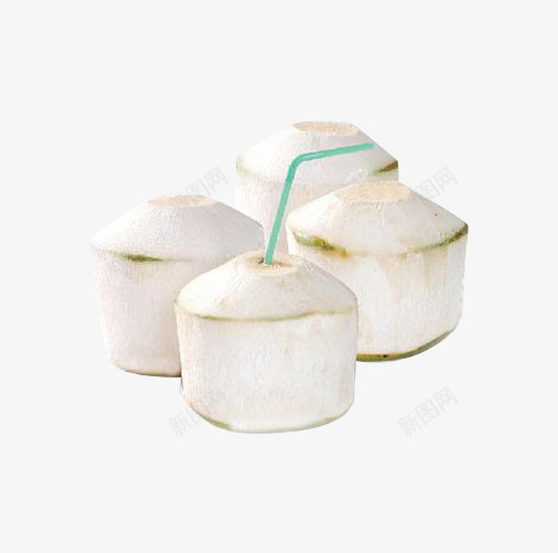 四个新鲜椰子png免抠素材_新图网 https://ixintu.com 产品实物 吸管 椰奶 椰子 热带水果 白色
