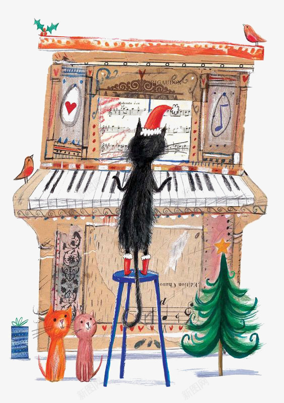 弹钢琴的猫png免抠素材_新图网 https://ixintu.com 动物 猫咪 钢琴 黑猫