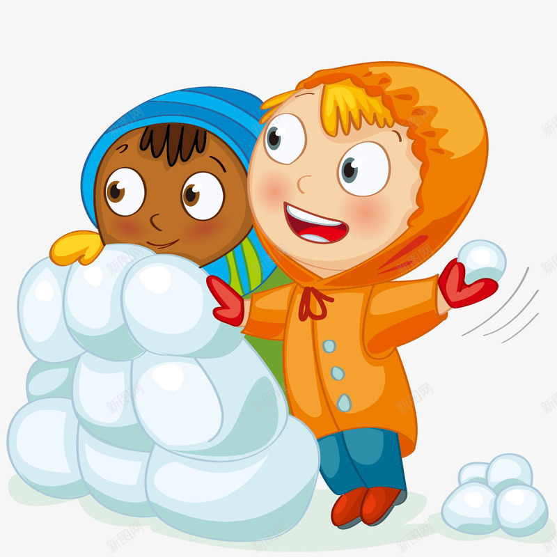 打雪仗的儿童png免抠素材_新图网 https://ixintu.com 儿童 卡通 手绘 橘色 白色 简图 蓝色 雪球