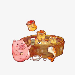 虾仁卡通卡通喝茶的小猪欢腾的烧卖立起的高清图片