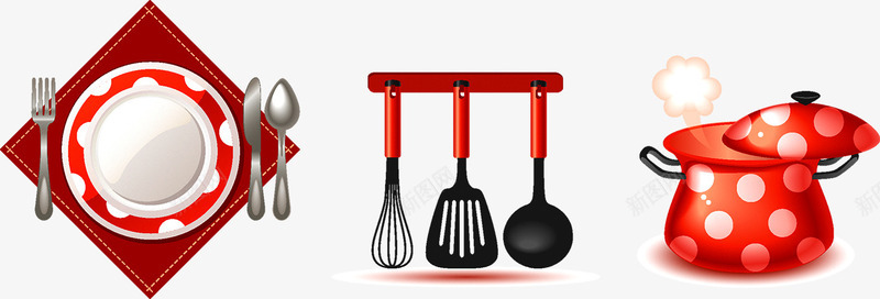红色餐具png免抠素材_新图网 https://ixintu.com 勺子 叉子 红色 蒸锅 锅铲 餐具
