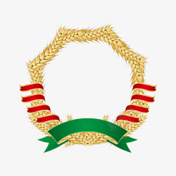 弯曲形小麦红绿缎带徽章形金色小麦中空边框高清图片