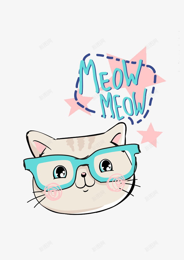 可爱猫咪png免抠素材_新图网 https://ixintu.com 动物 可爱 手绘 猫咪 粉色星星 蓝眼睛 蓝色边框