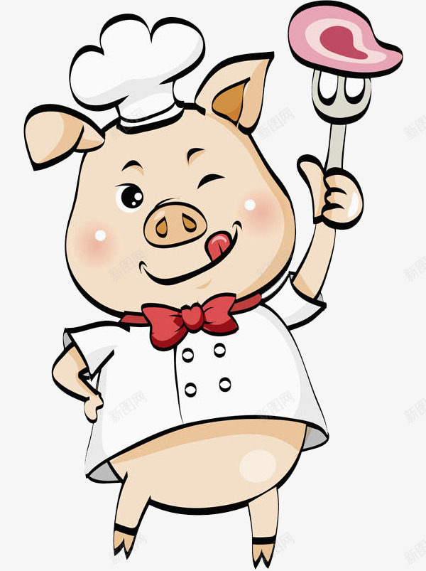 拿叉子的厨师png免抠素材_新图网 https://ixintu.com 厨师 叉子 可爱的 小猪 红色的 美食 领结