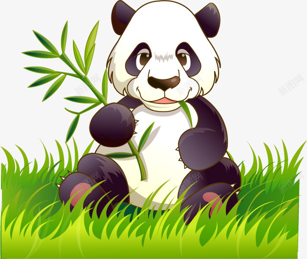 坐在草丛中的大熊猫手绘png免抠素材_新图网 https://ixintu.com AI格式矢量素材 手绘卡通大熊猫 竹叶 绿色草丛