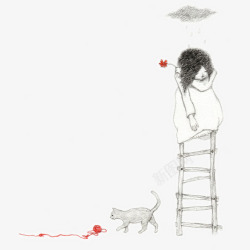 浪漫主义猫咪玩毛线女孩蹬梯子高清图片