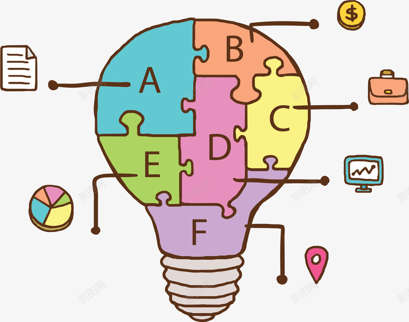 手绘卡通拼图灯泡矢量图ai免抠素材_新图网 https://ixintu.com 卡通灯泡 彩色灯泡 拼图灯泡 灯泡 灯泡图表 矢量png 矢量图