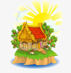 在岛上的屋子阳光下岛上的树和屋子高清图片