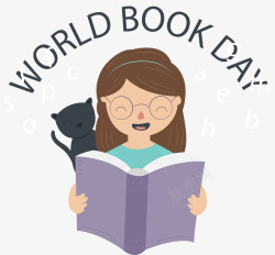 阅读书的人跟猫咪一起看书的女孩矢量图高清图片
