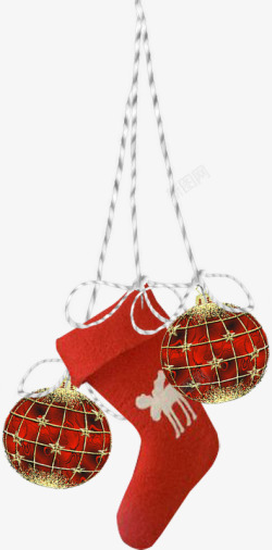 绳子吊着的圣诞袜子和圣诞球素材