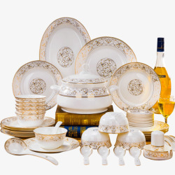 餐盘子描金边的餐具瓷碗高清图片