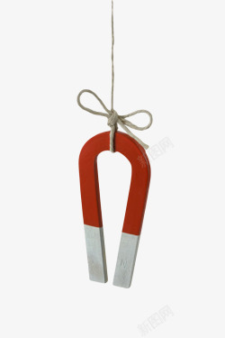 红色天然磁石麻绳吊着的u型吸铁素材