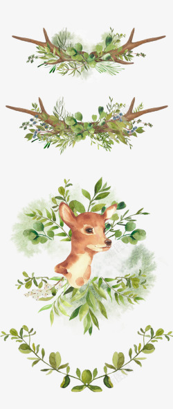 抠图麋鹿卡通麋鹿和绿叶高清图片