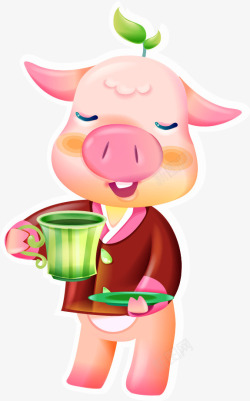 小猪喝茶素材