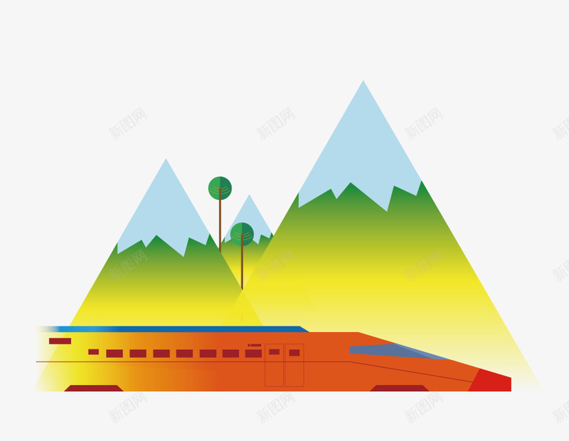 城市风景png免抠素材_新图网 https://ixintu.com 山脉 橘黄色 绿色 高铁