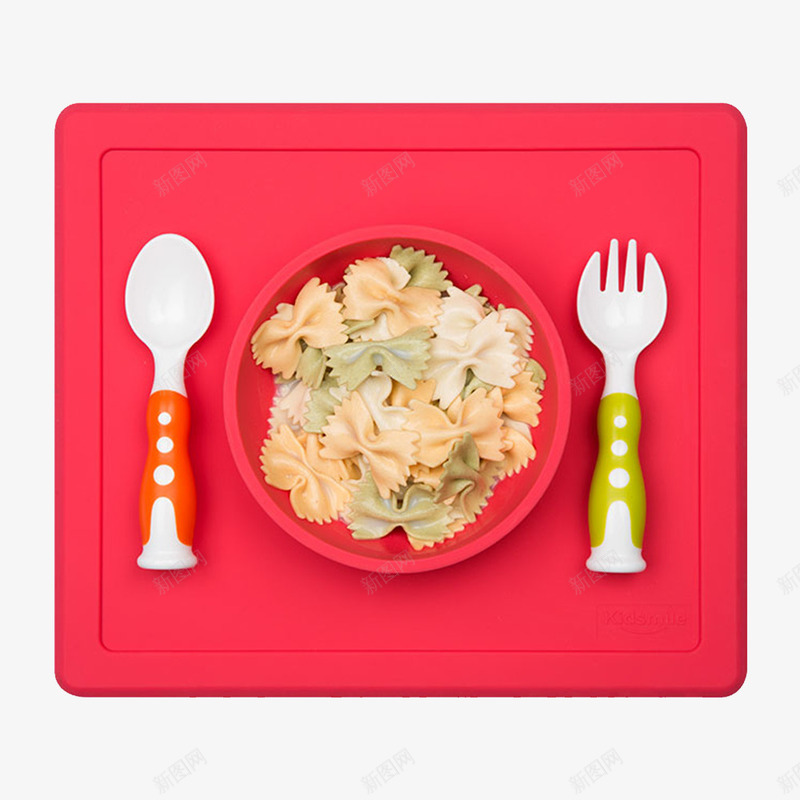 儿童塑料餐具套装png免抠素材_新图网 https://ixintu.com 产品实物 勺子 叉子 托盘 碗 红色