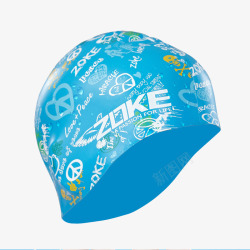 时尚泳帽蓝色涂鸦硅胶泳帽高清图片