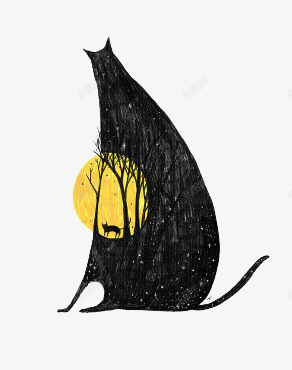 卡通猫咪png免抠素材_新图网 https://ixintu.com 卡通 手绘 月光 水彩 猫咪 装饰 黄色 黑夜 黑色