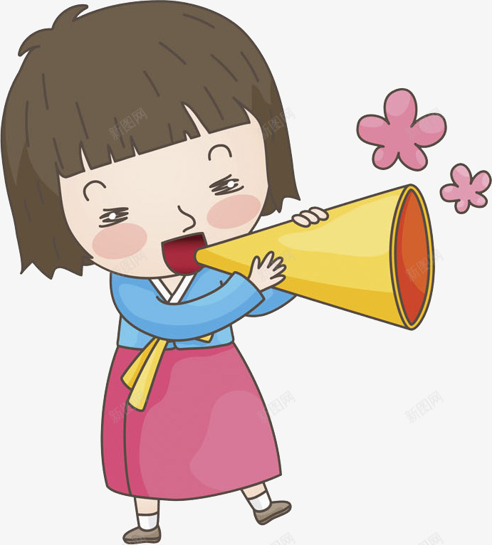 大喊的女孩png免抠素材_新图网 https://ixintu.com 卡通 喇叭 大喊 女孩 手绘 短发女孩 粉色 花朵 话筒 黄色