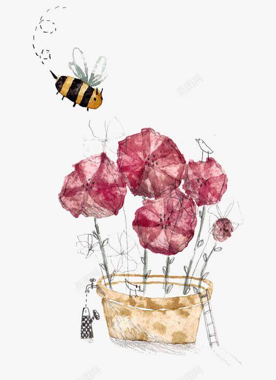 花朵和蜜蜂png免抠素材_新图网 https://ixintu.com 卡通花朵 手绘插画 昆虫 植物 蜜蜂