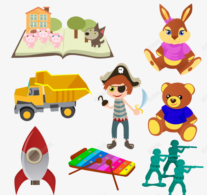 8款卡通玩具png免抠素材_新图网 https://ixintu.com 兔子 海盗 熊猫 玩具卡通 玩具矢量