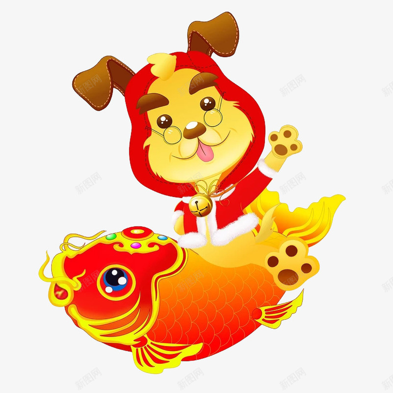 骑在鱼身上的小狗png免抠素材_新图网 https://ixintu.com 动物 卡通手绘 宠物 小鱼 新年 橘色 狗年 鱼儿