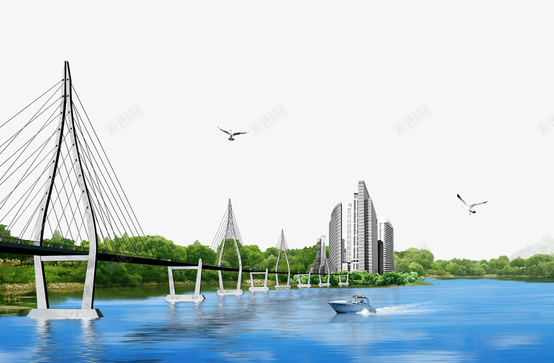 跨海大桥png免抠素材_新图网 https://ixintu.com 大桥 大海 快艇 树林 绿色 蓝色