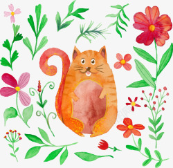 水彩绘花卉和猫咪矢量图素材