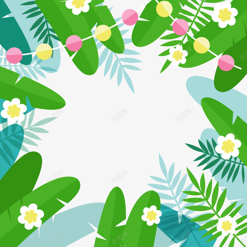 热带绿色植物花卉png免抠素材_新图网 https://ixintu.com 卡通植物 热带植物 白色花朵 绿色叶子 背景装饰