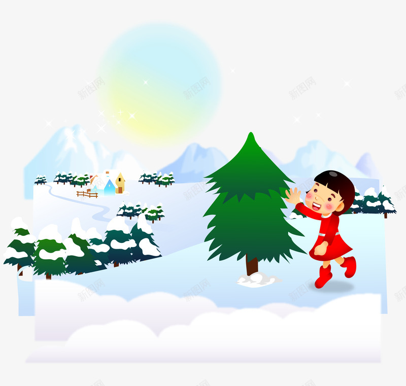 冬日松树前玩耍的女孩png免抠素材_新图网 https://ixintu.com 女孩 房子上的雪 雪地 雪山坡 雪松