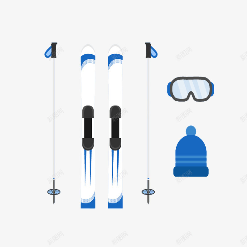蓝色系卡通滑雪设备psd免抠素材_新图网 https://ixintu.com 滑雪帽 滑雪板 滑雪眼镜 滑雪设备 雪杖