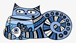 卡通抱浴缸蓝色花纹猫咪素材