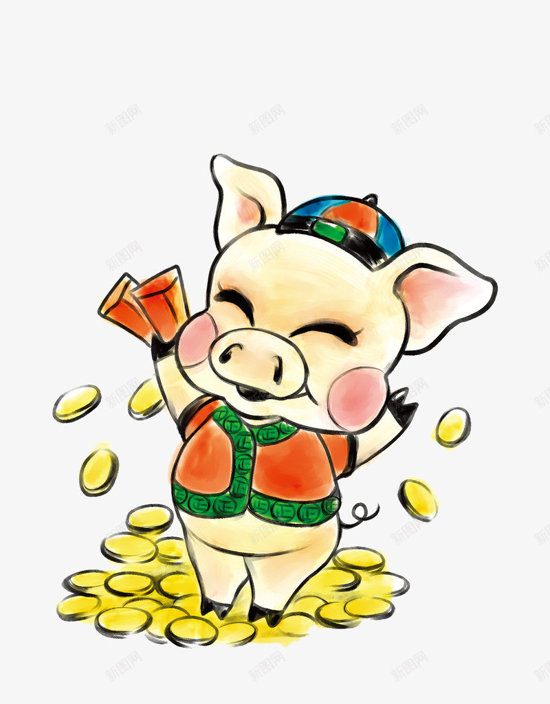 卡通可爱小猪发金币png免抠素材_新图网 https://ixintu.com 卡通 可爱 猪 金币