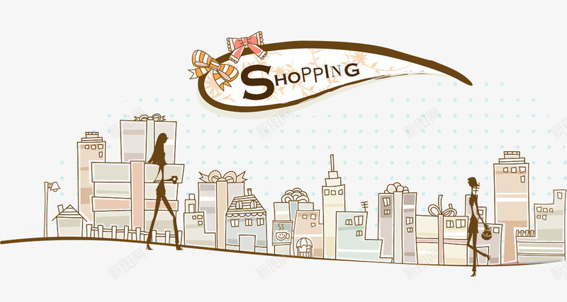 去shopping的女人psd免抠素材_新图网 https://ixintu.com 创意图案 卡通人物 卡通图案 卡通女人 房子 手绘图案 线描图案